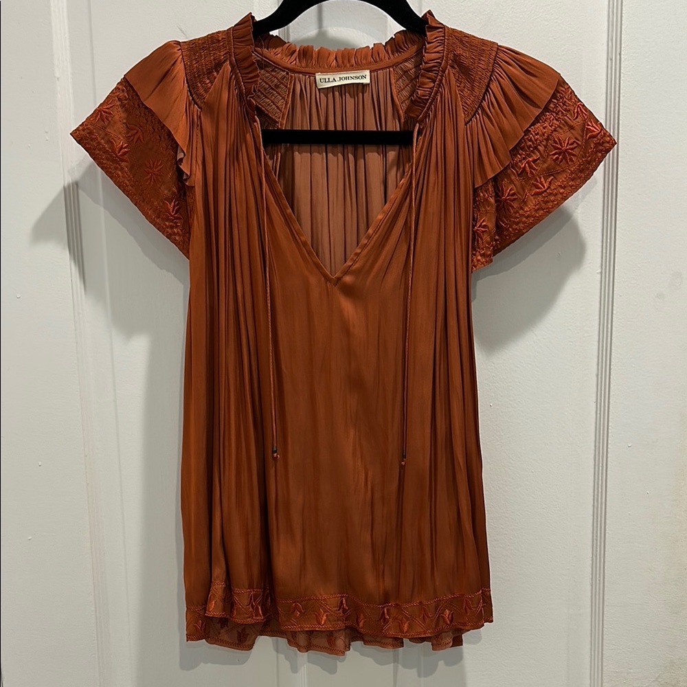Ulla Johnson Embroidered Flutter Sleeve Blouse